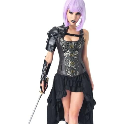 Retro Dark Dress Corset Women Four-piece Set Sexy Costume Steampunk Gothic Cosplay Bustier Burlesque Plus Shaper Bodysuit Black