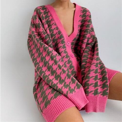 Fashion Oversized Sweater Womens Loose V-Neck Houndstooth Long Sleeve Knit Cardigan Jacket Contrast Color Regular Sweater Women