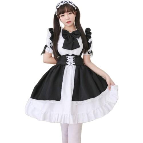 Women Maid Outfit Short Sleeve Gothic Lolita Lace Dress Cute Anime Black White Apron Cosplay Maid Uniform Cafe Costume Dropship