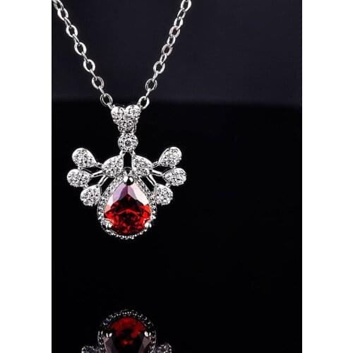 KOFSAC Elegant 925 Sterling Silver Necklace For Women Jewelry Zircon Red Water Droplets Peacock Pendant Lady Engagement Gifts