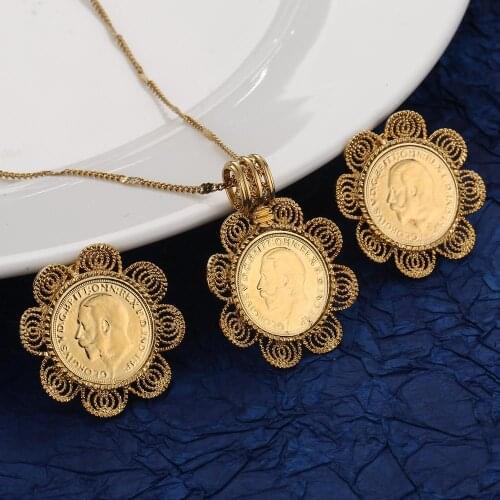 Gold Color Coin Pendant Necklaces Earrings Trendy Coin Women Charm Jewelry Sets