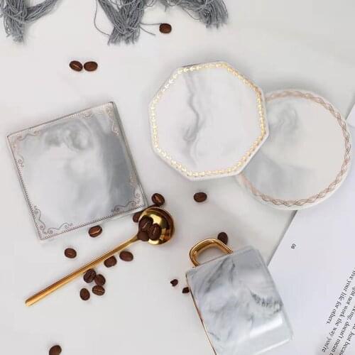 1Pcs Simple Geometric Coffee Cup Mat Square Round Ceramic Gold Edge Marble Pattern Coaster