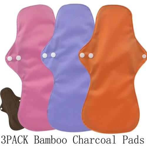 3PACK Washable Heavy Flow Night Use Feminine Hygiene Cloth Menstrual Pads Bamboo Sanitary Pad with Bamboo Charcoal Inner