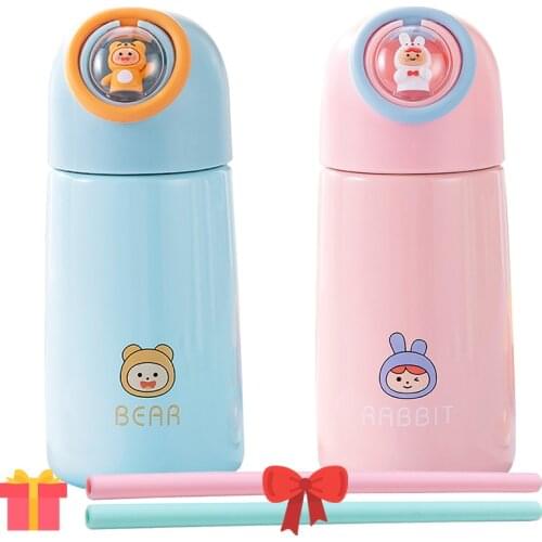 350ML Baby Feeding Cup with Two Straw 304 Stainless Steel Thermos Mug Leakproof Water Bottles Outdoor Portable Childrens Cups