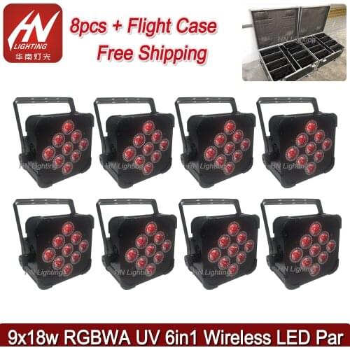 8pcs with case Battery Powered Led Par Uplight 9x18w RGBWA UV 6IN1 Led Flat Par for Wedding Party