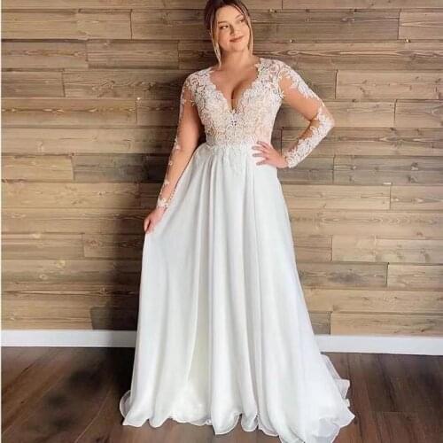 9941#Plus Size Wedding Dresses Long Sleeves Chiffon Sheer Lace Applique V-neck Full Length White Beach Bridal Dress 2021