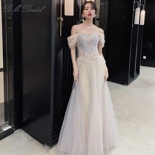 Beading Prom Dresses Long Light Gray Tulle Evening Gown for Women A-Line Formal Wedding Party Dress Vestidos De Gala Stock BD16