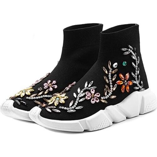 Spring and autumn new handmade tide brand luxury color diamond high shoes flat bottom elastic sleeve short boots flat shoes
