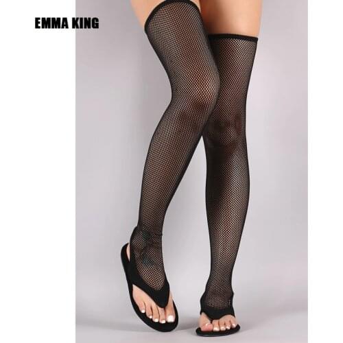 Fashion Summer Grid Sandals Knee High Boots Sexy Ladies Hollow Out Flat Heels Party Shoes Women Flip Flops 2021