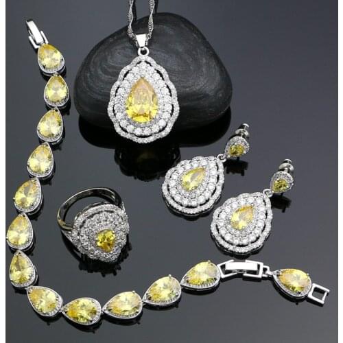 Fashion Women 925 Sterling Silver Jewelery Yellow Cubic Zirconia Crystal Earrings/Pendant/Necklace/Ring/Bracelet Jewelry Sets