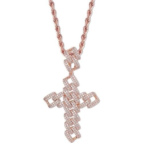 OMYFUN Factory Price Fashion Cuban Cross Pendant Rose Gold Silver Copper Iced CZ Pendants Necklace Stainless Rope Chain Bijoux