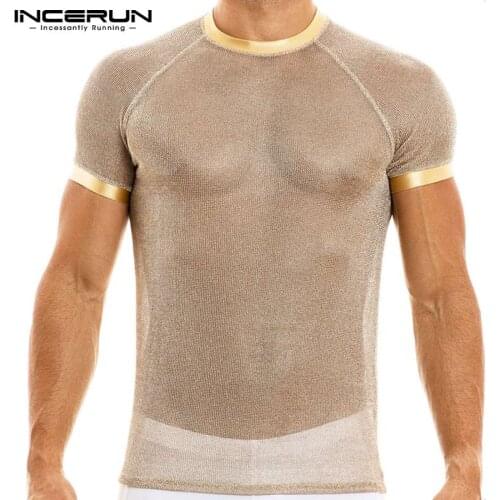2021 Men T Shirt Mesh Patchwork See Through Streetwear Sexy O Neck Short Sleeve Tee Tops Party Nightclub Camisetas S-5XL INCERUN