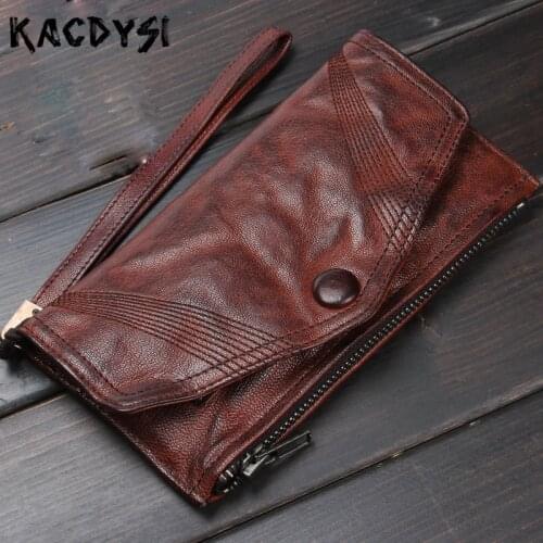Top Quality Vegetable Tanned Leather Long Men Wallet Retro Slim Purse Original Handmade Wallet Cards Holder Clutch Bag Wristlets