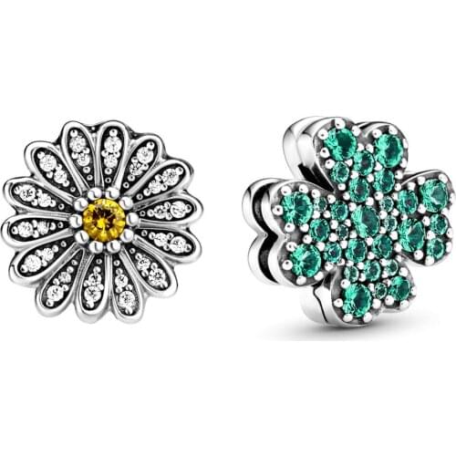 NEW 100% 925 Sterling Silver Spring Daisy Flower Pave Four-Leaf Clover Clip Charm Fit DIY Women Original Bracelet Jewelry