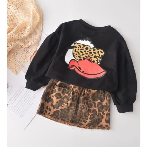 3-6Y Girls Clothes Sets Suit Cartoon Duck Printing Long-Sleeved Sweater + Leopard Denim Skirt Spring And Autumn Children Clothes