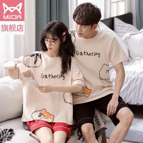 Lovers' pajamas mens summer 2021 new womens short sleeve cotton large size shorts two-piece home wear suit