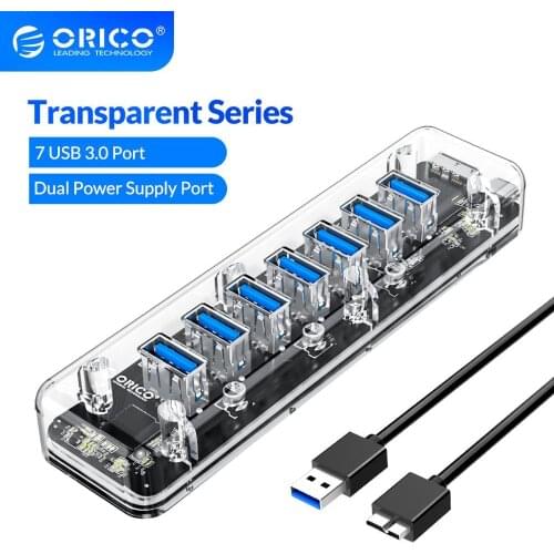 ORICO Transparent Series USB HUB Multi 4 7 Port High Speed USB3.0 Splitter With Micro USB Power Port For Laptop PC OTG Adapter