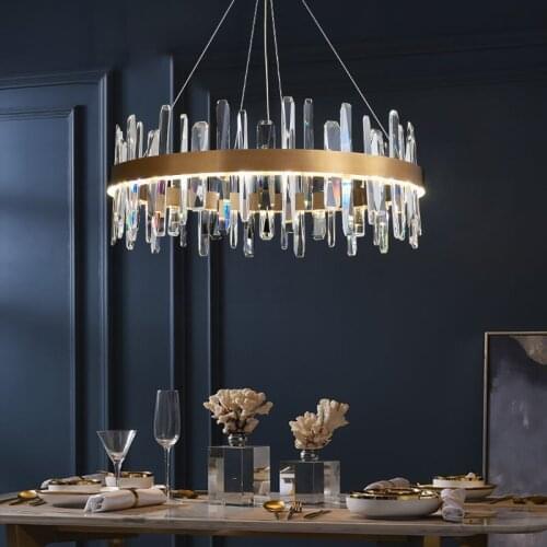 Modern Fishbone Crystal Chandelier Round LED Metal Restaurant Gold Handing Lamp Bedroom Home Dero PA0536