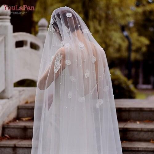 YouLaPan V61 Lace Appliqued Flower Wedding Veil Pearls Veils Bachelorette Party Veil Cathedral Wedding Veil with metal Comb