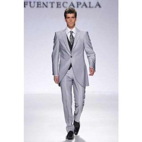 Morning Style One Button Silver Gray Groom Tuxedos Groomsmen Peak Lapel Mens Suits Blazers (Jacket+Pants+Vest+Tie) W:1170