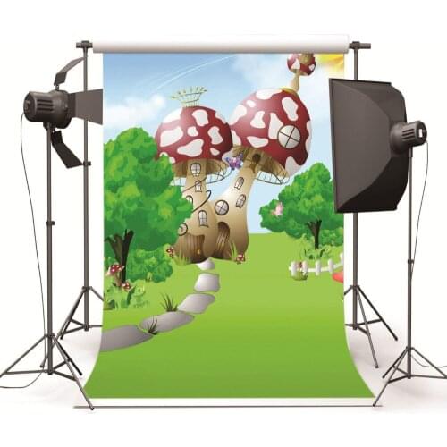Green Grassland Mushroom Painting Computer Printed Photo Background Vinyl Photography Background for Photo for Wedding Children