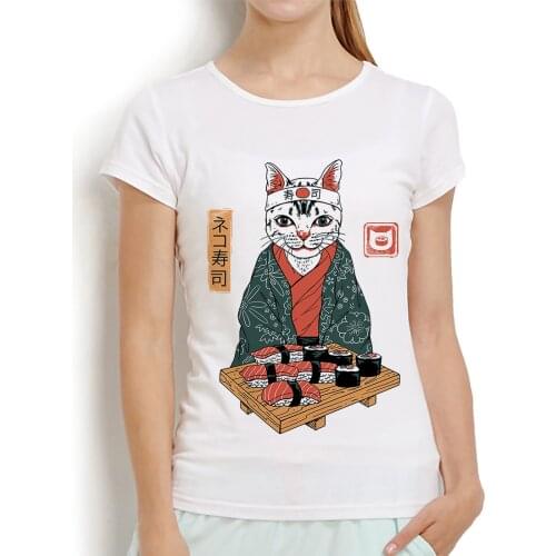 Japan traditional style Neko cat Sushi anime t shirt women summer casual short sleeve tshirt femme kawaii streetwear t-shirt