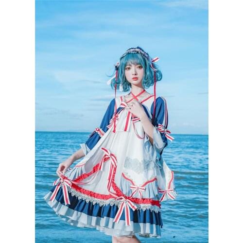 Japanese sweet lolita dress vintage lace bowknot cross sling high waist victorian dress kawaii girl gothic lolita op loli cos