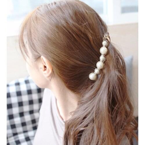 Pretty Long Barrettes Big Simulated Pearl Hair Clips for Women Girls Ponytail Banana Hairpins Hair Accessories Black/Brown HC609