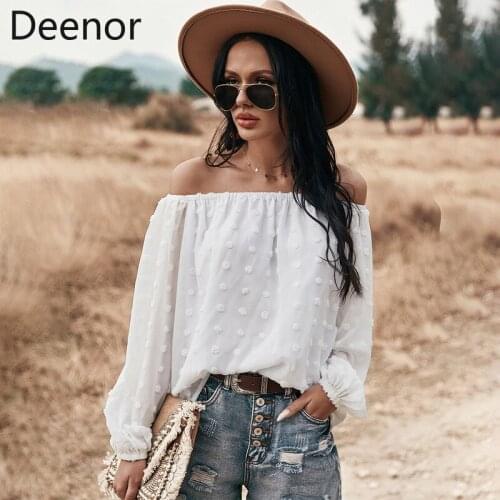 Deenor Sweet Long Sleeve White Blouse Shirt Women Elegant Off Shoulder Floral Embroidery Chiffon Crop Top Feamle Tee 2021