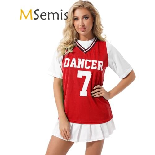 Womens Cheerleading Student Sports Style Cheer Clothes Set Round Neckline Print Fake Top with Safety Shorts Inside Pleated Skirt