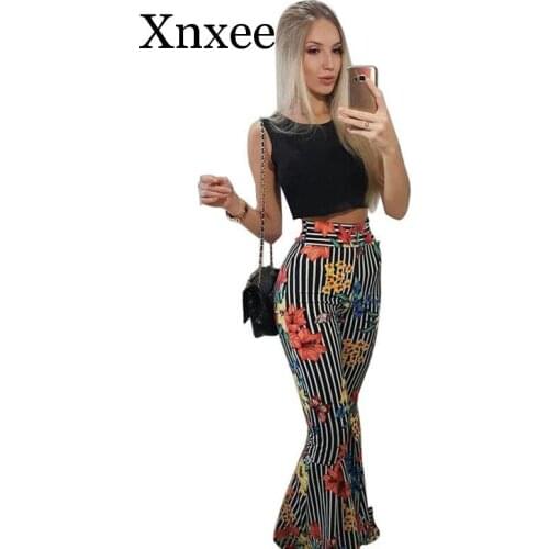 Beach wear Women striped print loose full pants crop top summer 2 piece set for female women two pieces sets womens suits