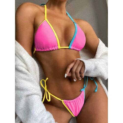 Color Splice 2021 Micro Bikini Suit Swimsuit Women Sexy String Brazilian Swimsuit Thong Bandage Push Up Beachwear Bathing Suit 5