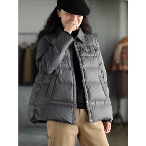 2020 Winter light and thin Ladies Down jacket literary retro Loose 90% white duck down Down jacket Female lapel warm Down jacket