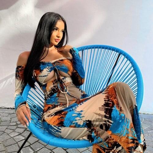 Long sleeve print off the shoulder Hollow Out sexy long dress autumn summer women bandage party elegant outfits streetwear