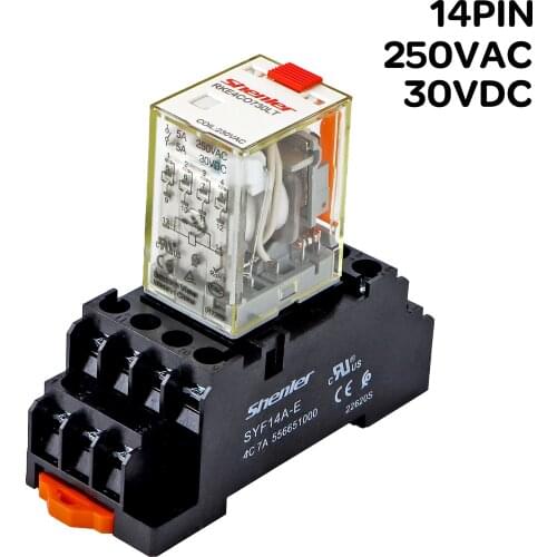 14 Pin Relay Coil General Micro Mini Electromagnetic Relay Switch with Socket Base DC6V 12V 24V 48V 110V 220V AC6V 12V 24V 36V