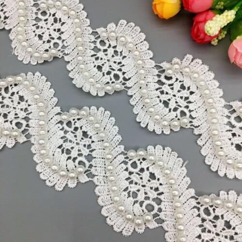 2 yards White Centipedes Pearl Beaded Lace Trim Ribbon Fabric Applique Embroidered DIY Wedding Dress Sewing Craft Decoration