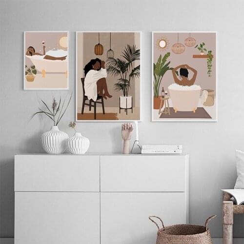 Abstract Art Girl Flower Green Plants Home Bathing Canvas Painting Nordic Posters and Prints Wall Pictures for Living Room Decor