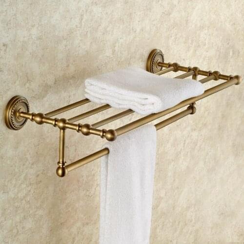Antique Brass Bath Towel Rack Bathroom Towel Holder Double Towel Shelf Wall Mounted Bathroom Accessories BD631