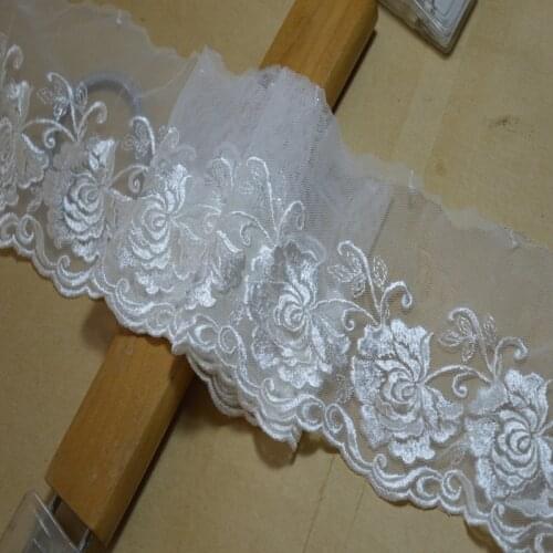 Free shipping 10CM Width (5yds/lot)white shiny silk embroidery floral Hight quality lace fabrics embroidered lace trim-1722608