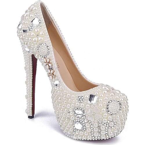 White Pearl Platform Wedding Shoes Bride Bridal Genuine Leather Wedding Dress Shoes 16cm Heel Crystal Wedding Pumps
