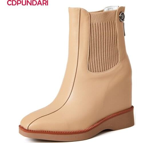 NEW Genuine Leather Wedges Platform Ankle Boots Women Autumn Winter Super High Heels Boots Shoes Bottes Plateforme Femme Black