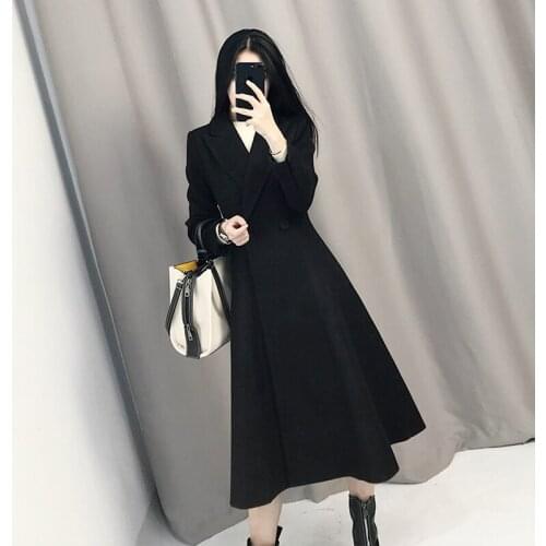 Black woolen coat women 2021 spring new Korean style over-the-knee mid-length thick woolen coat