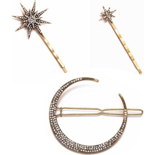 FJ001 Classic geometric princess rhinestone hairpiece moon snowflake star fashion girl women hairpin set for party