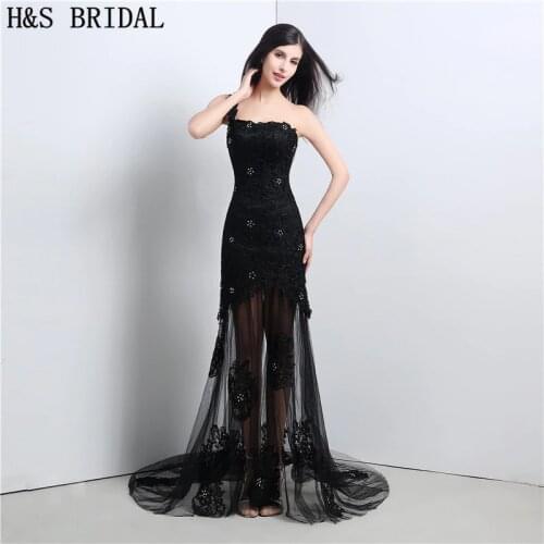 H&S BRIDAL One Shoulder Black evening dresses on sale 2017 robe de mariage Tulle Lace evening gown Beaded Prom Dress
