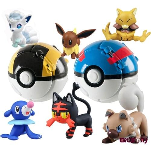 Pokemon Pikachu Pokeball + 1pcs Free Tiny Random Figures Inside Eevee Rowlet Fennekin Meowth Action Rotom Figures Toys Ball