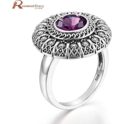 Amethyst Ring Flower Round Women Silver 925 Ring Vintage Carve White Gold Ring Prong Setting Wedding 2020 Brand Fine Jewelry