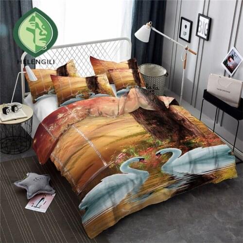 HELENGILI 3D Bedding Set Swan Print Duvet cover set lifelike bedclothes with pillowcase bed set home Textiles #TE-02