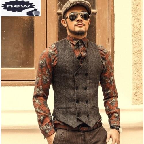 Fashion European Double Breasted V-Neck Wool Blends Mens Vests Casual Slim Fit Plus Size Male Suit Short Waistcoats Formal Wear