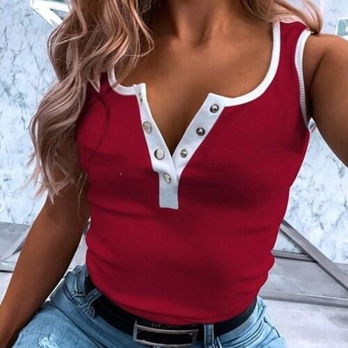 Fashion Women Solid Color Cotton Tank Tops Summer Large Size Round Half Open Button Neck Casual Vest Female Sleeveless T Shirts