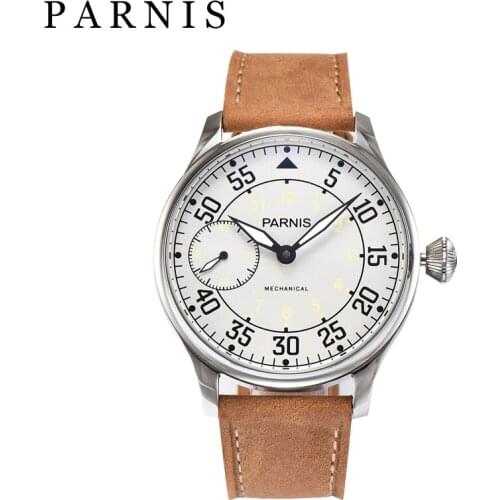 Parnis 44mm white Dial Stainless case Leather 17 jewels mechanical 6497 hand winding movement Leisure mens watch men